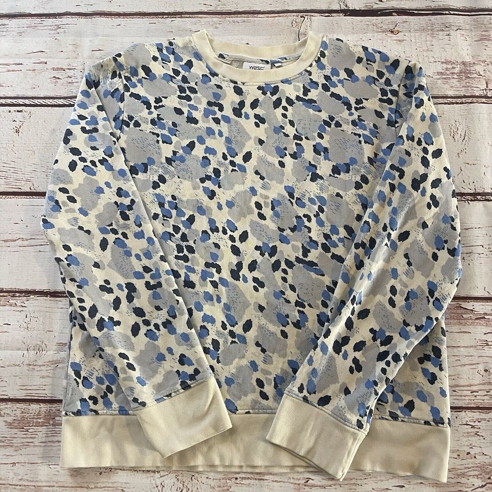 WESC Miles Animal-Print Cotton‎ Sweatshirt In Blue/Beige Women's Size Large